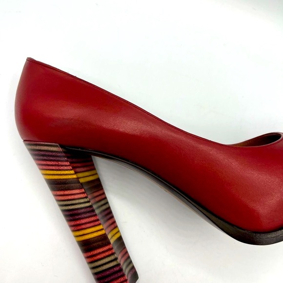 NWOT FENDI Oxblood Leather Pumps w Striped Stack Heel - Picture 14 of 16